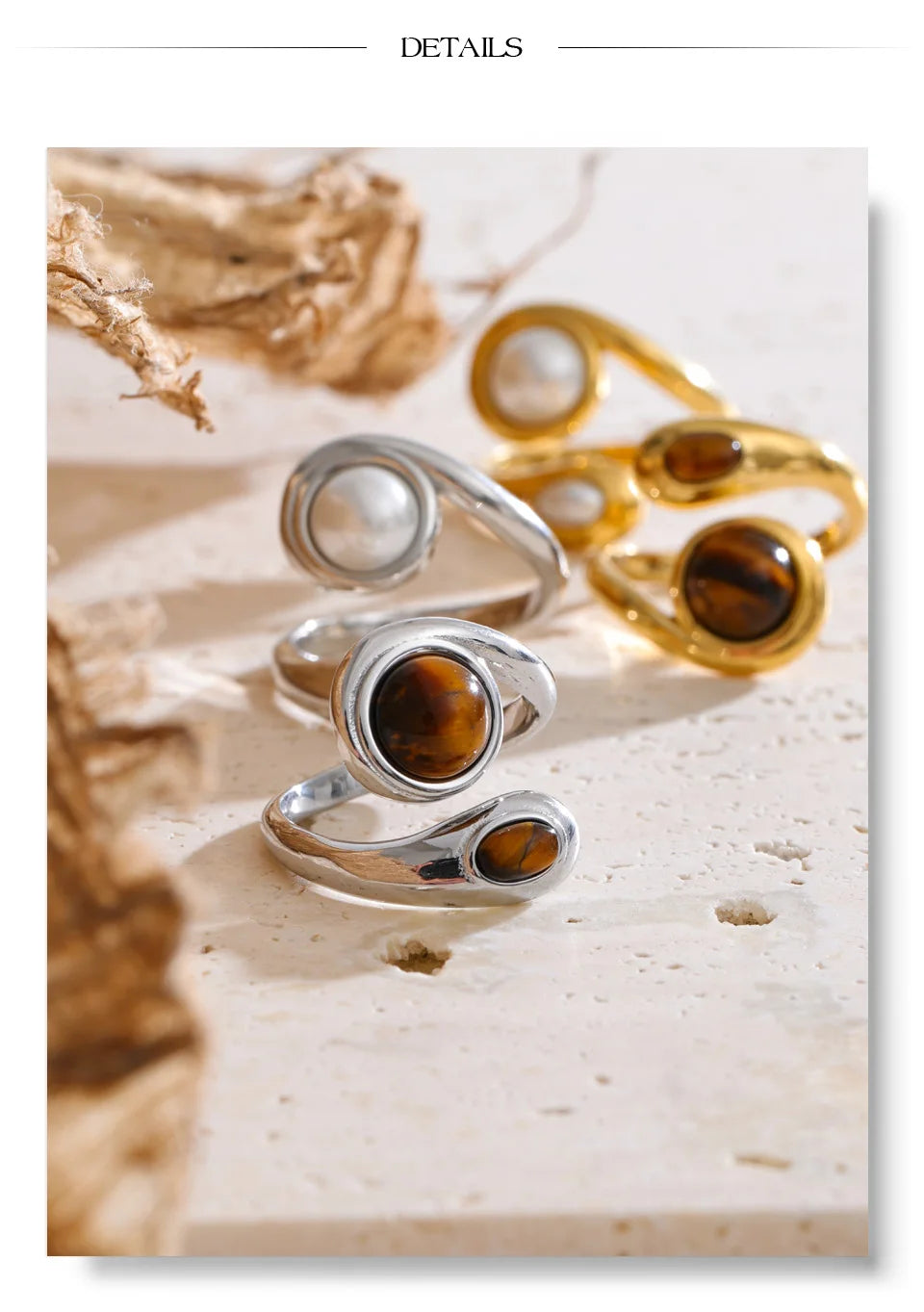 Pearl natural stone geometric ring in 18K gold-plated stainless steel with pearl and natural stone.
