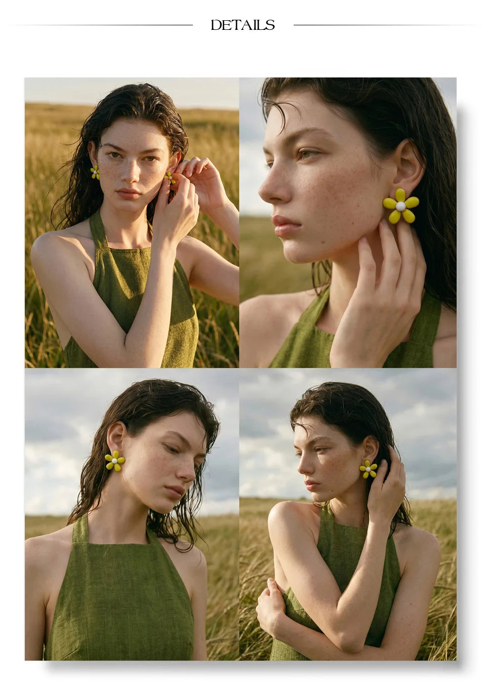 Green enamel flower earrings in gold-plated stainless steel with enamel.