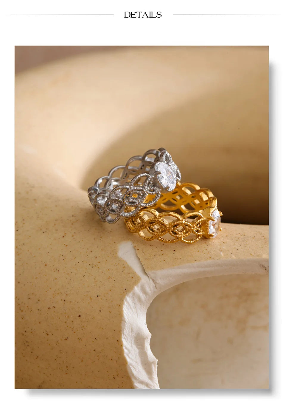 Cubic zirconia geometric ring in 18K gold-plated stainless steel with cubic zirconia.