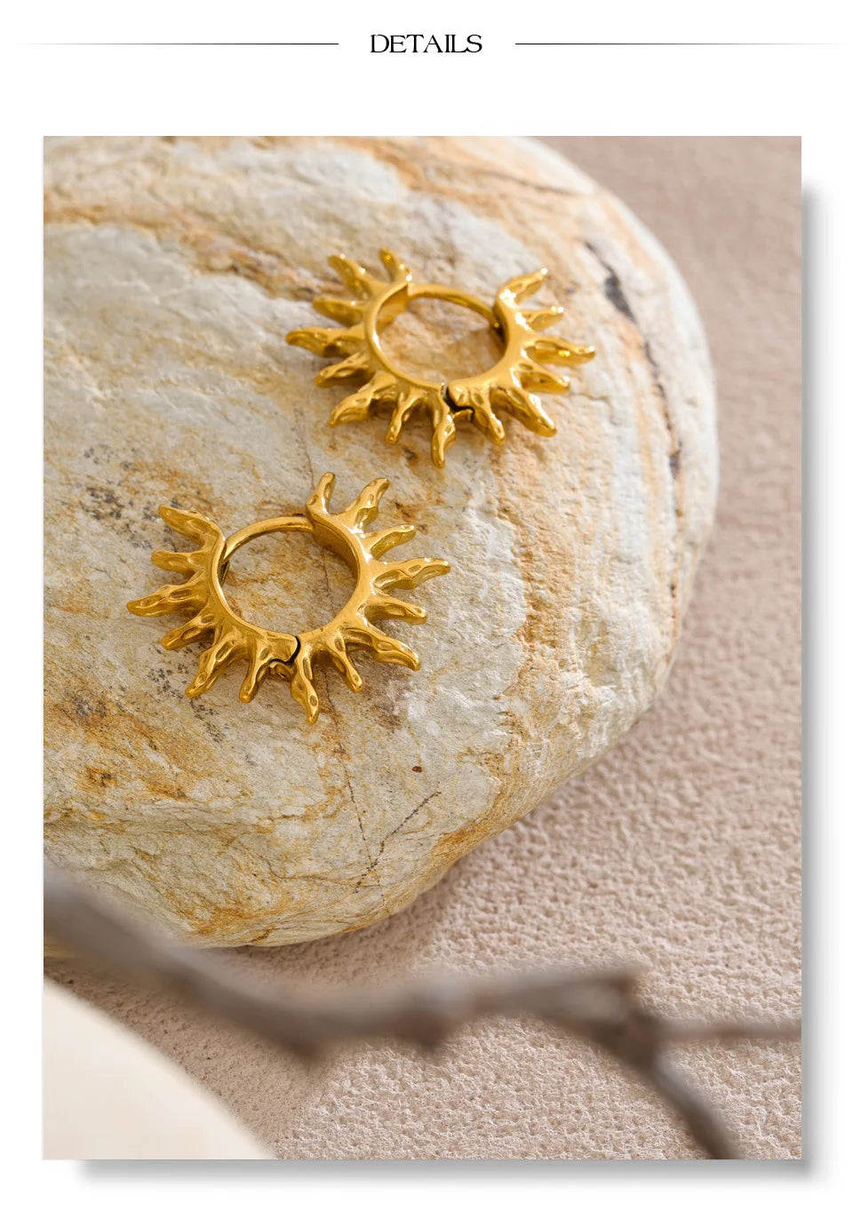 Star sun hammered earrings in gold-plated stainless steel.