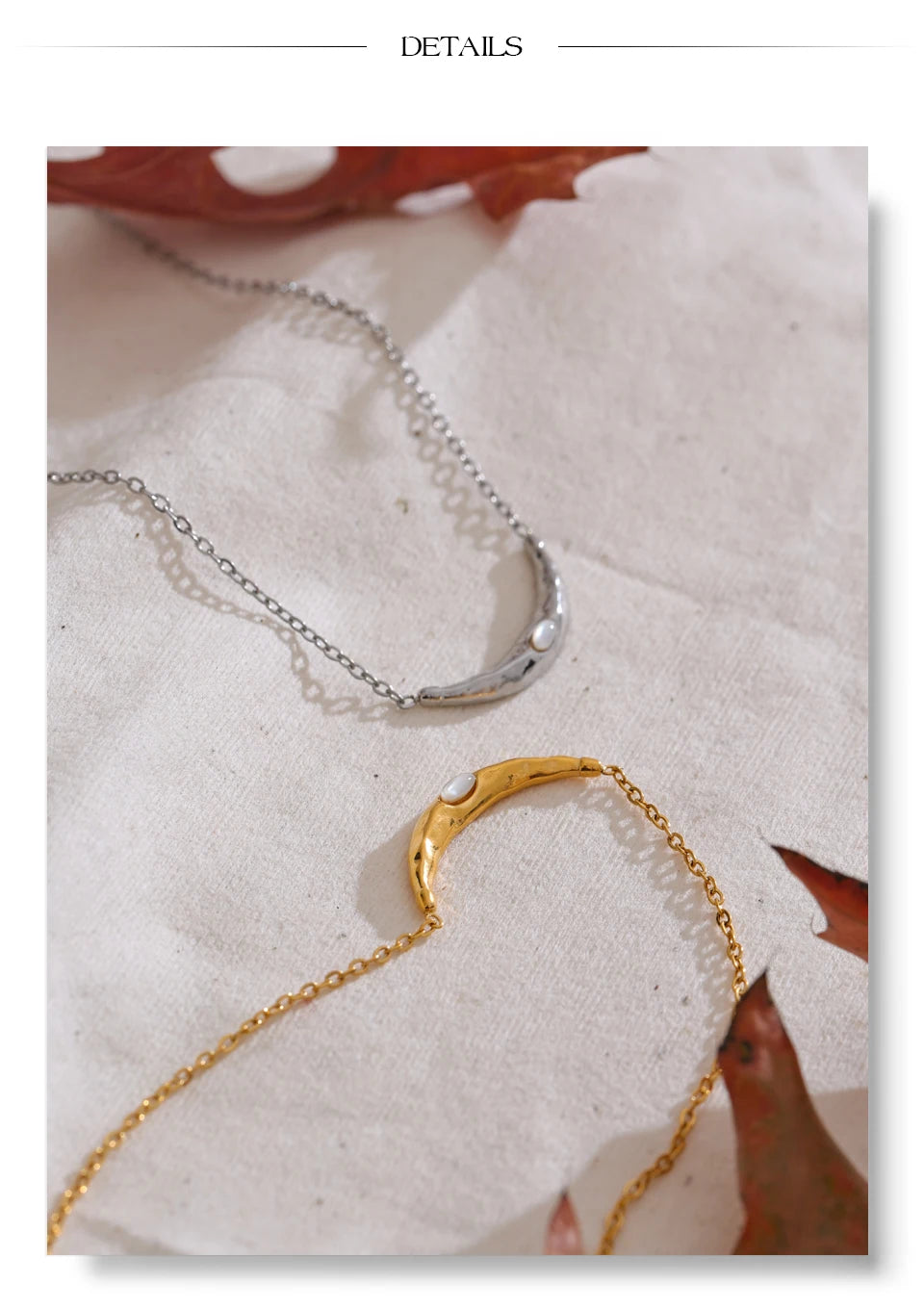 Shell moon geometric necklace in gold-plated stainless steel with shell.
