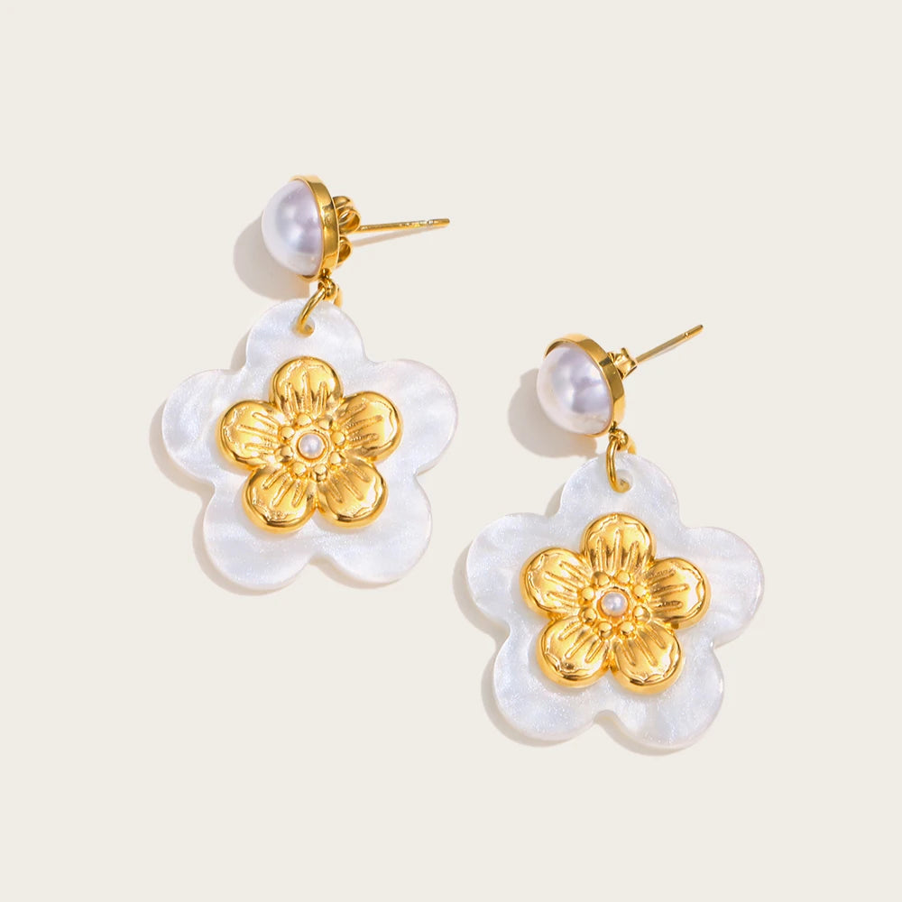 Drop Earrings Acrylic Flower Pearl — 316L Stainless Steel · PS391