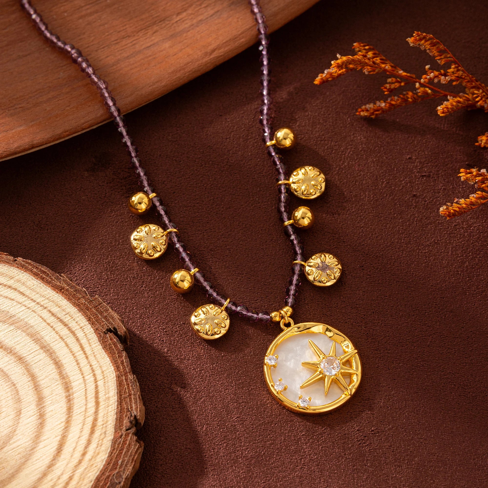 Stars, Radiance, Octagonal Stars, Moon, Colorful Beads, Necklace, Flowers, Purple, Diamonds, Dripping Oil