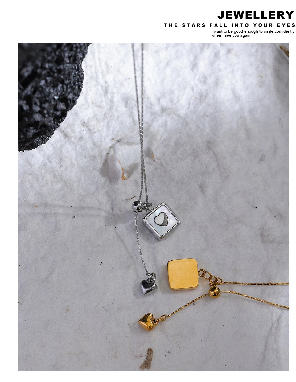 Shell heart geometric necklace in gold-plated stainless steel with shell.
