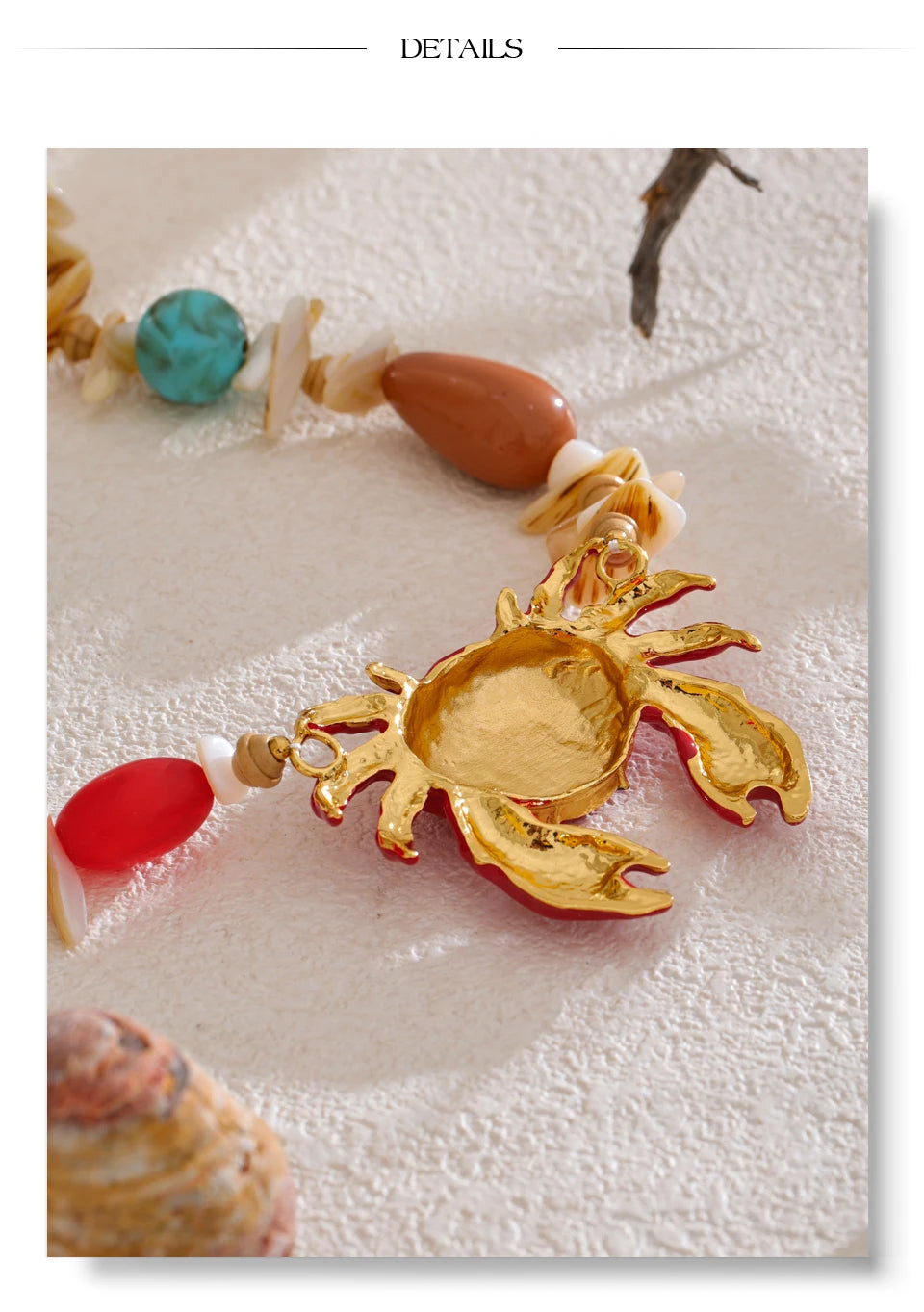Red shell resin necklace in gold-plated stainless steel with natural stone and shell.