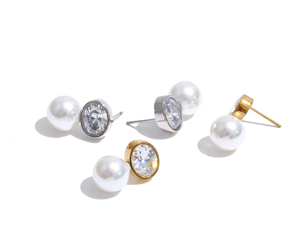 Cubic Zirconia Pearl Geometric Earrings — Gold-Plated Stainless Steel with Pearl and Cubic Zirconia · PS1615
