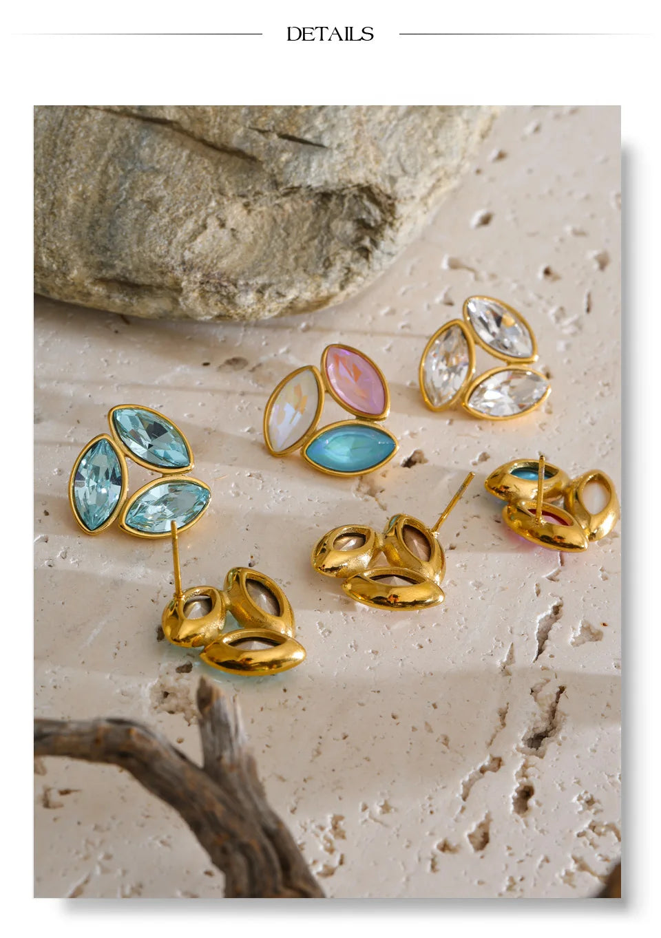 White crystal flower earrings in gold-plated stainless steel with crystal.
