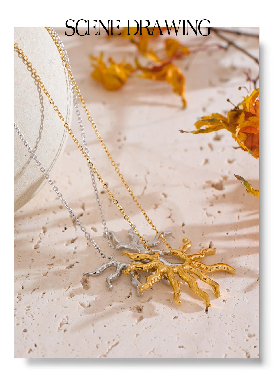 Sun geometric necklace in gold-plated stainless steel.