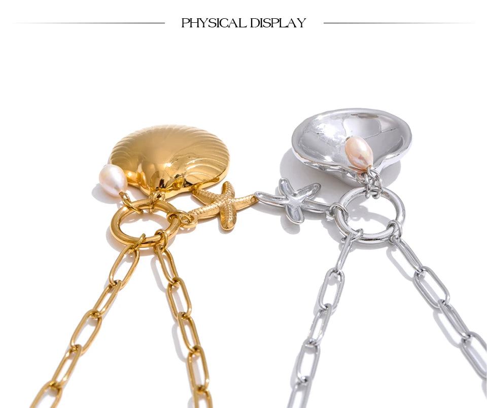 Freshwater Pearl Shell Star Necklace — Gold-Plated Stainless Steel with Freshwater Pearl and Shell · PS2305