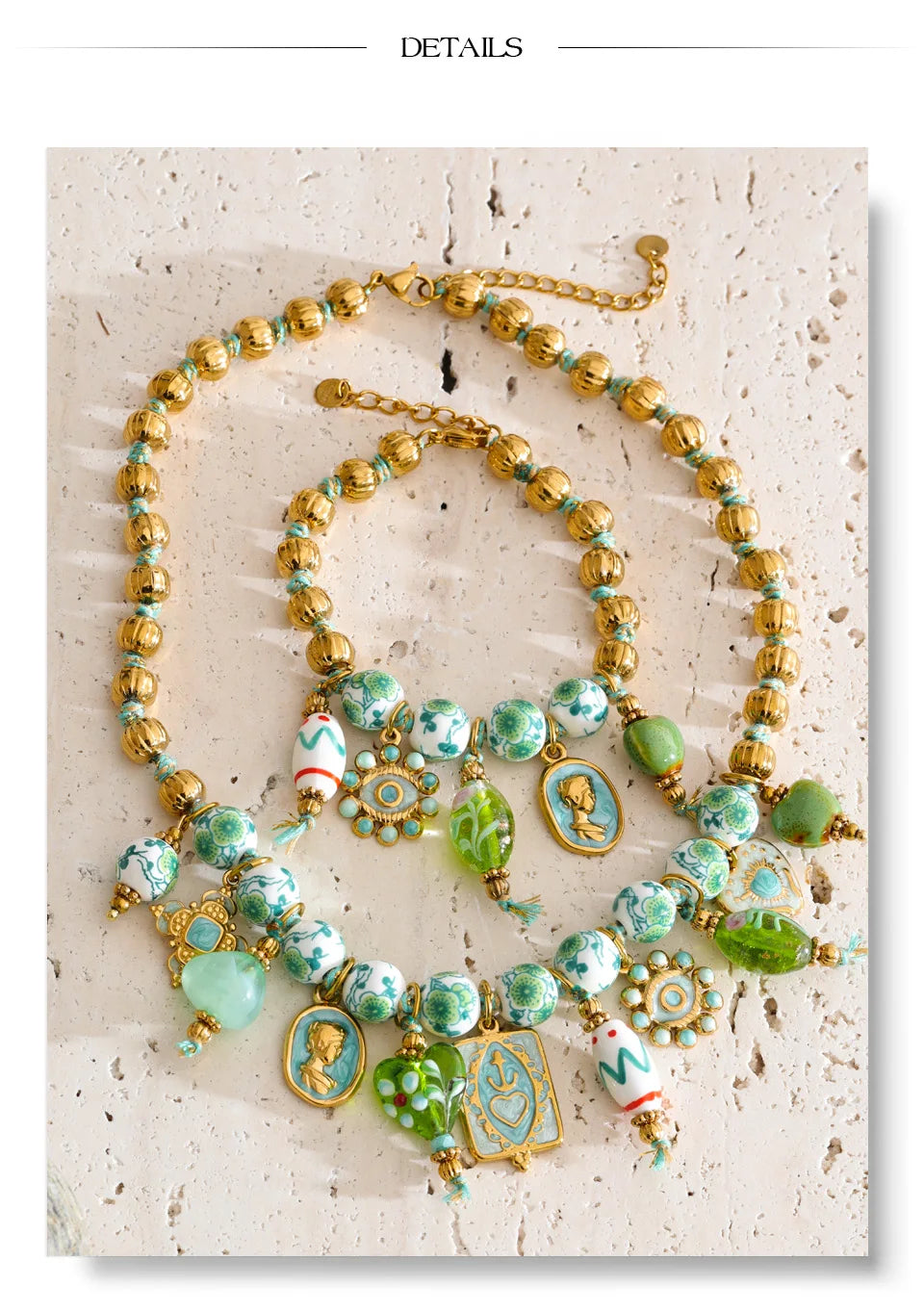 Heart beaded vintage necklace in gold-plated stainless steel.