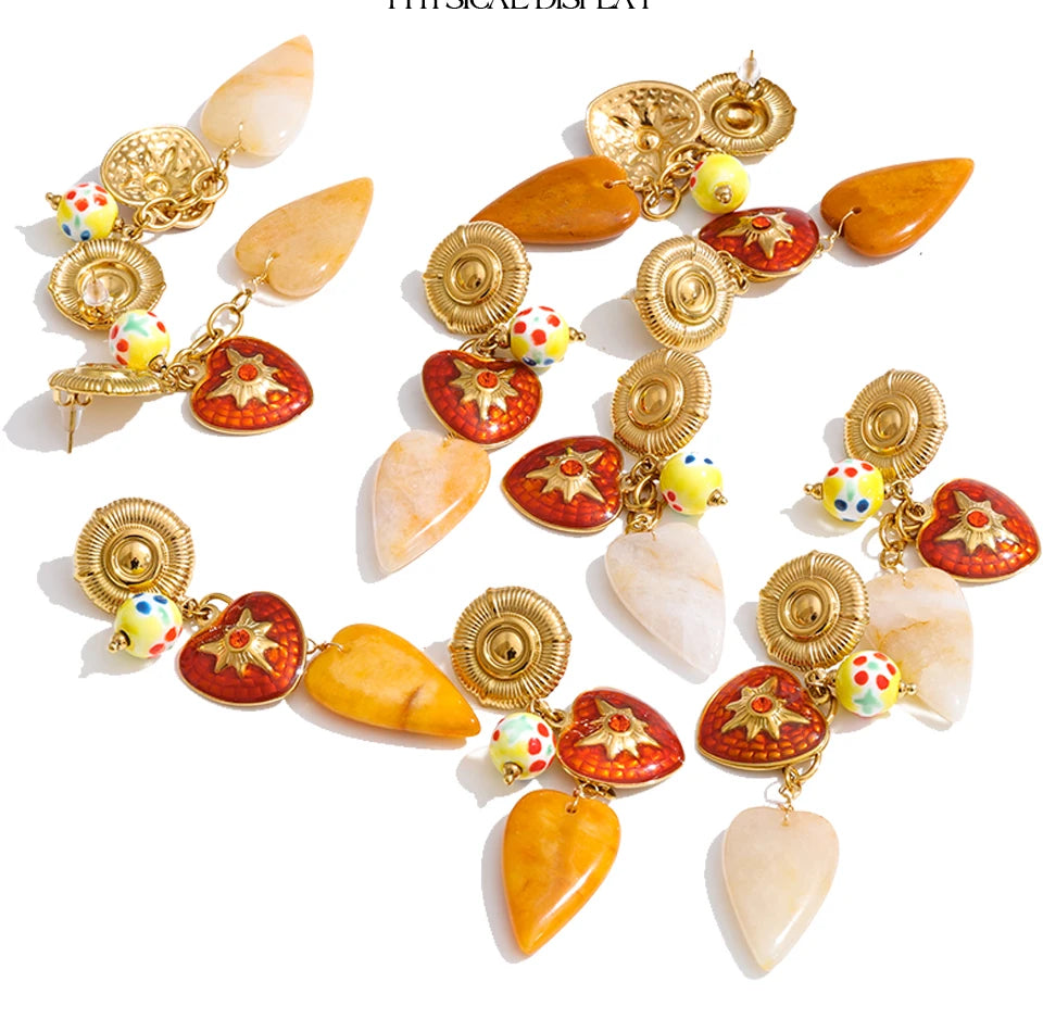 Enamel Natural Stone Heart Earrings — Gold-Plated Stainless Steel with Natural Stone and Enamel · PS1075