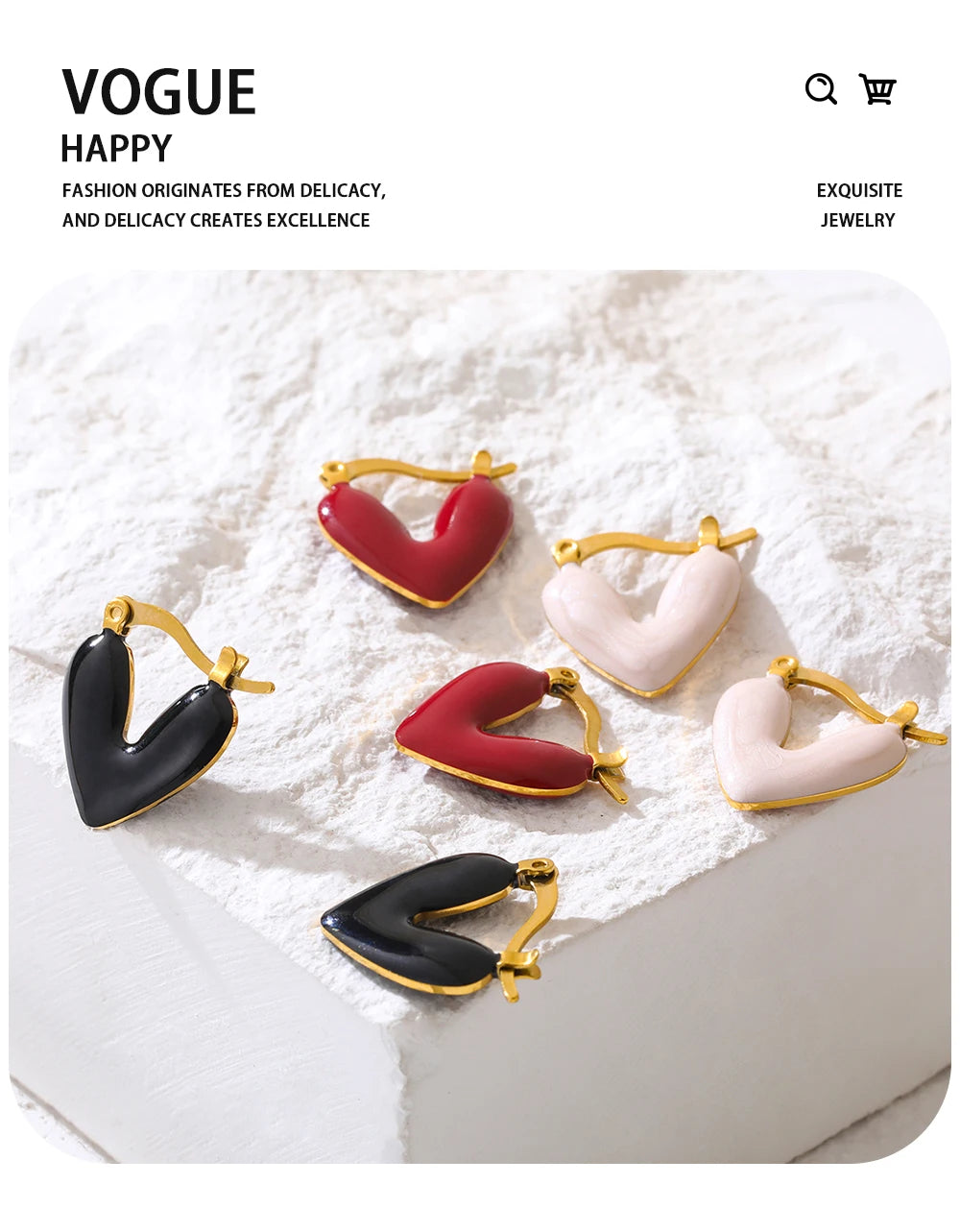 Hoop Earrings Heart Pink Black Red Enamel Vintage — 316L Stainless Steel · PS393
