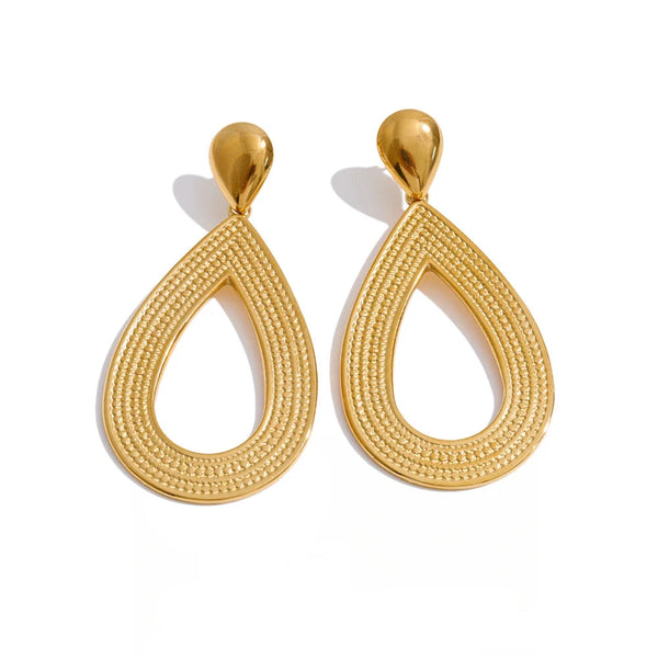 Gold-plated stainless steel earrings with a large teardrop design.