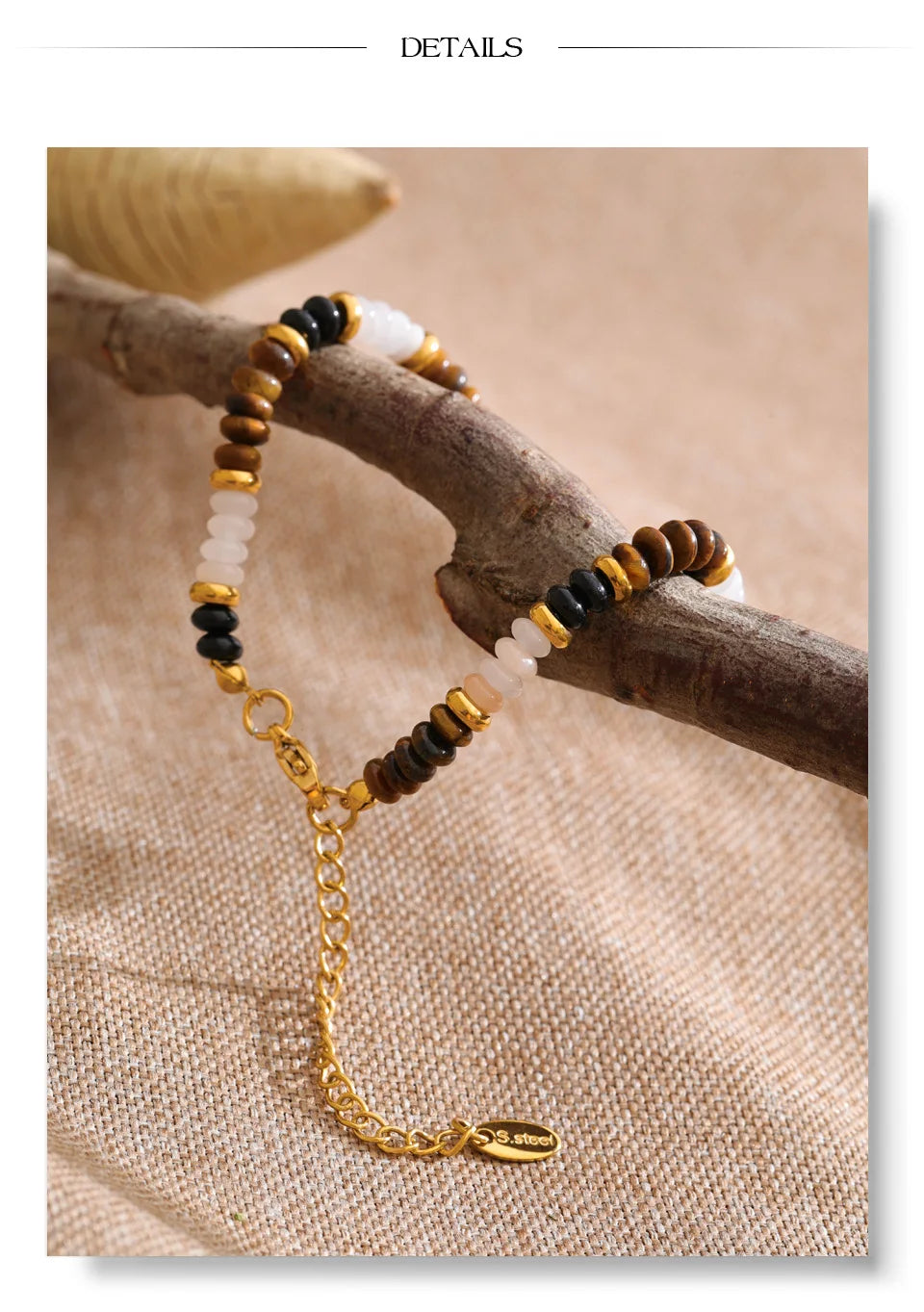 Natural Stone Beaded Geometric Bracelet — Gold-Plated Stainless Steel with Natural Stone · PS1094