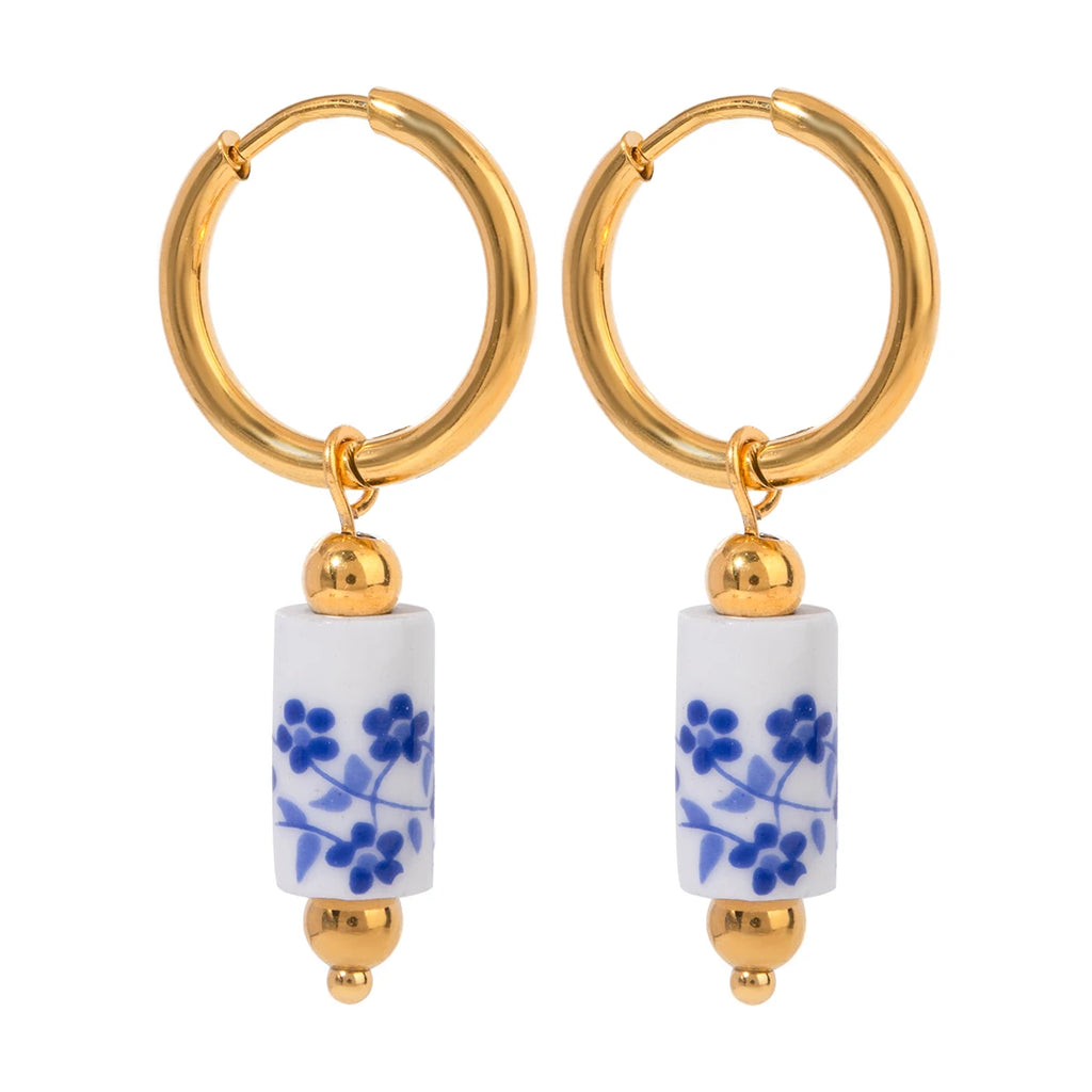 Color Stone Charm Hoop Earrings — Stainless Steel · PS099