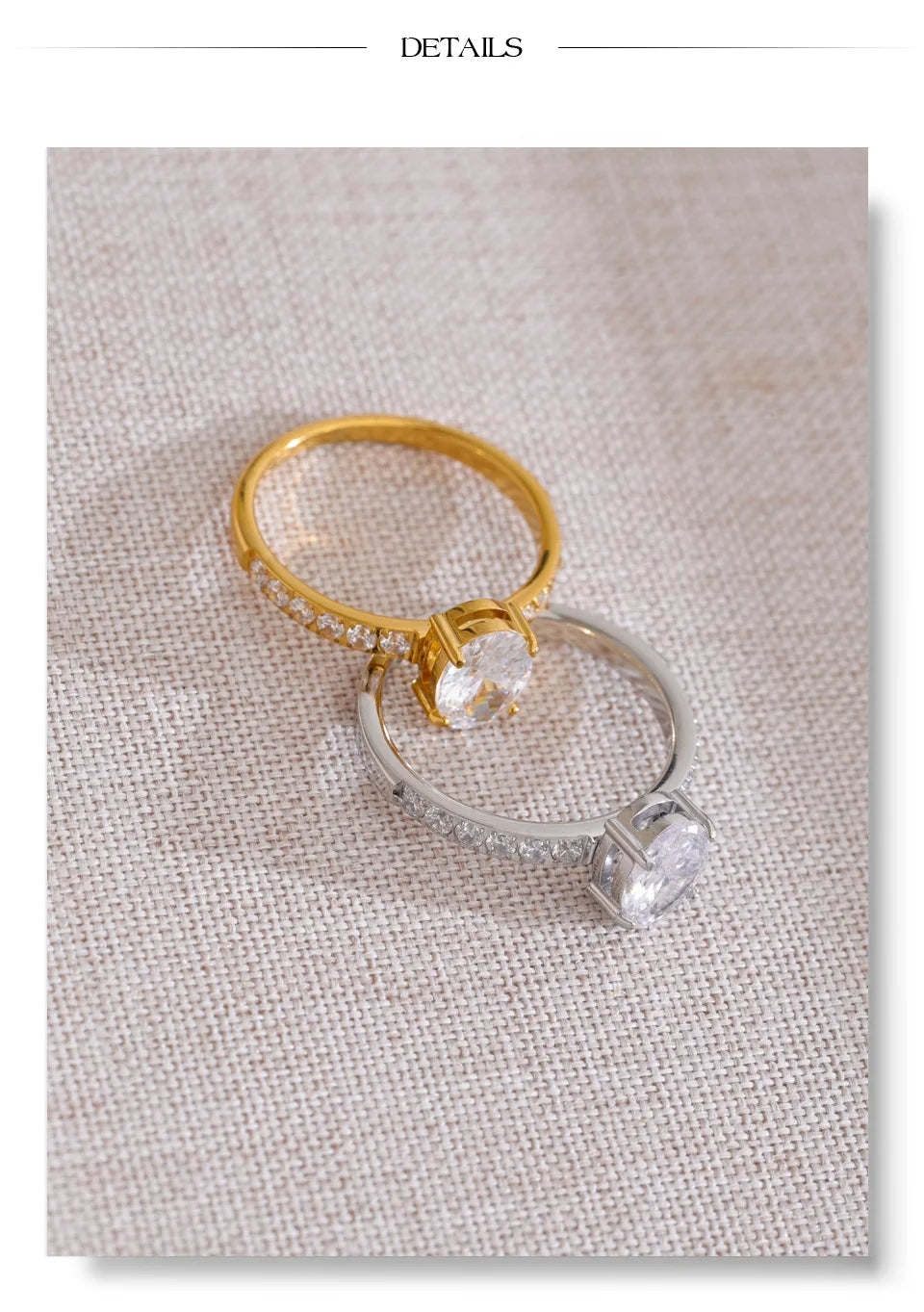 Cubic zirconia geometric ring in 18K gold-plated stainless steel with cubic zirconia.