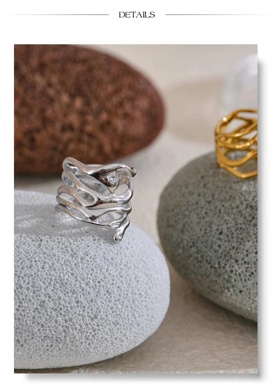 Geometric layered ring in gold-plated 316L stainless steel.