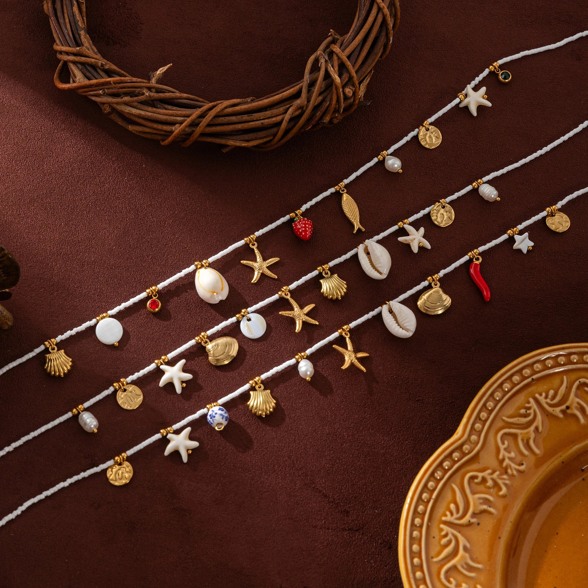 Bohemian Beach Shell Necklace Imitation Pearl Sea Star Conch Pendant Necklace Jewelry Gold Plated