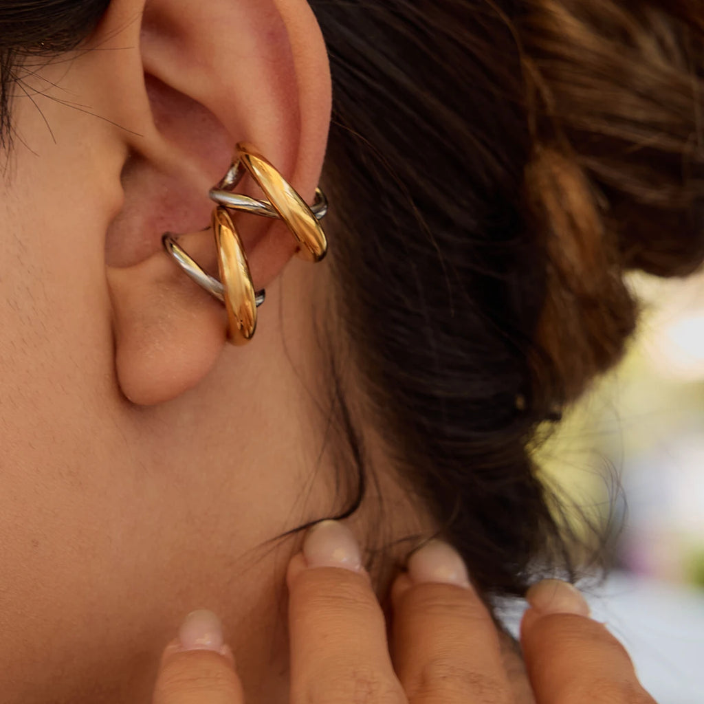 Two-Tone Cross Hoop Earrings — Stainless Steel · PS054