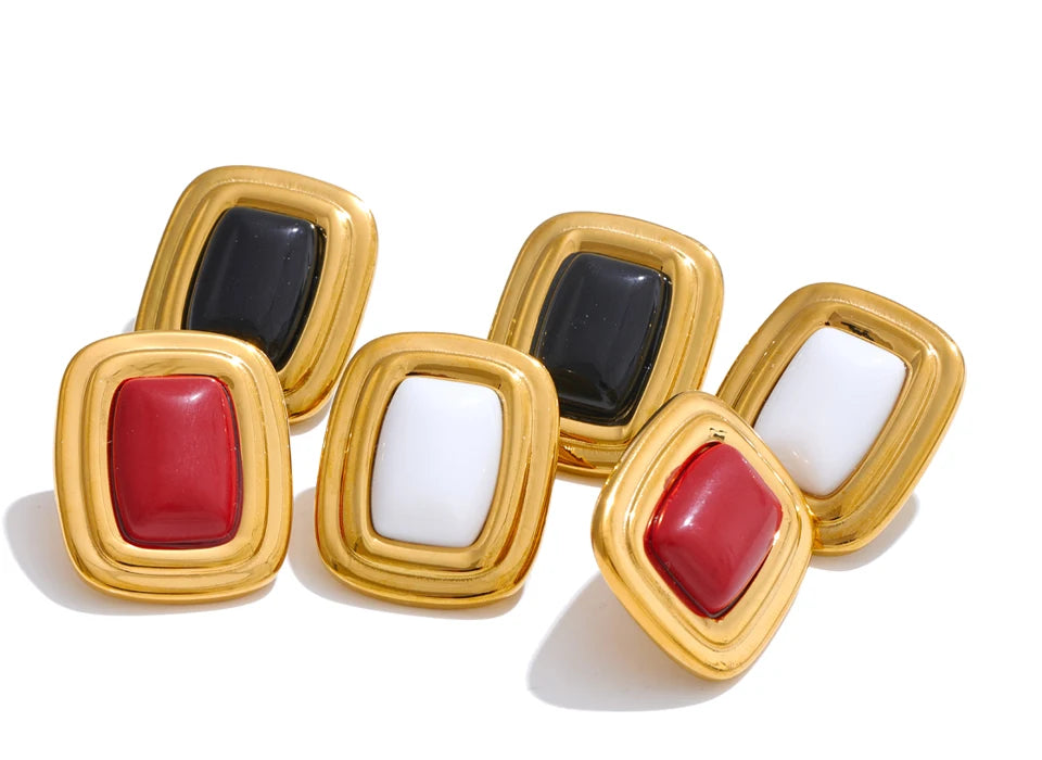 Black Natural Stone Geometric Earrings — Gold-Plated Stainless Steel with Natural Stone · PS1596