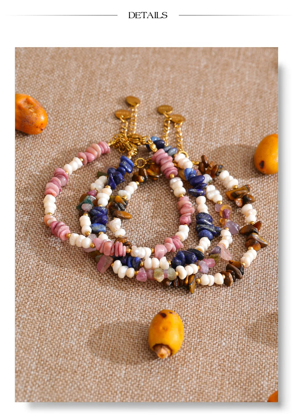 Freshwater pearl natural stone beaded necklace in gold-plated stainless steel with freshwater pearl and natural stone.