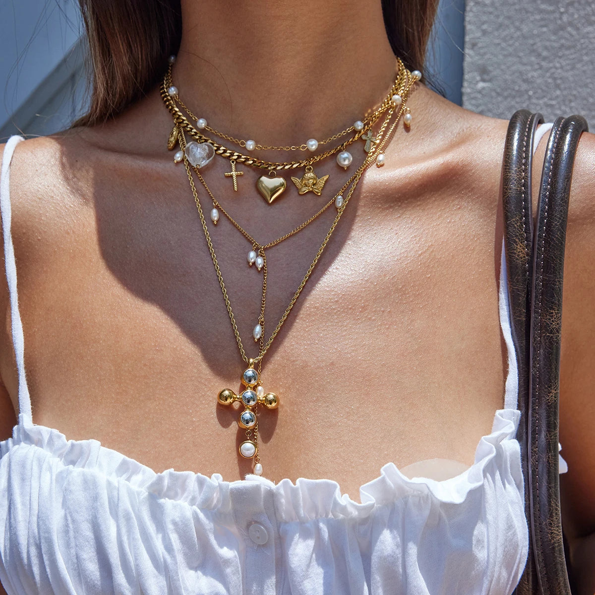 Angel Cross Pearl Necklace — Stainless Steel · PS278