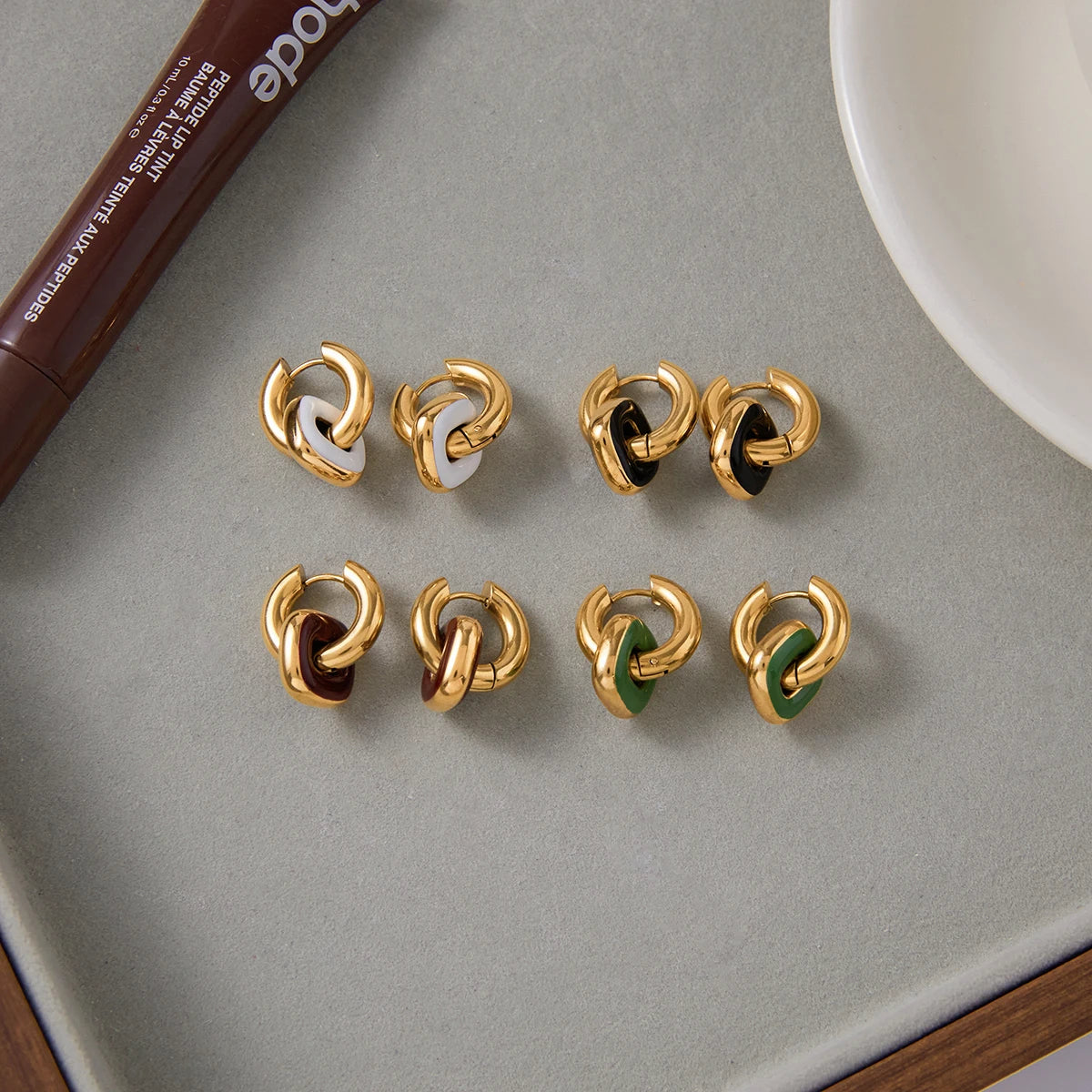 Brown Enamel Double Ring Earrings — Stainless Steel · PS283