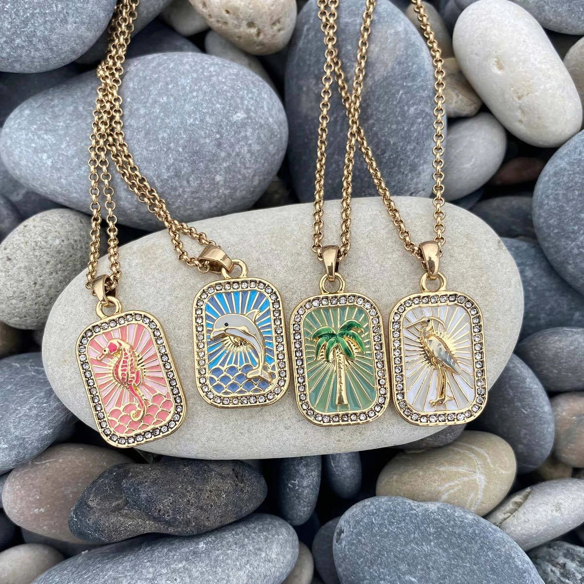 Colored Tarot Card Necklace Square Zirconia Pendant Seahorse Dolphin Brown Tree Marine Life Clavicle Chain Female