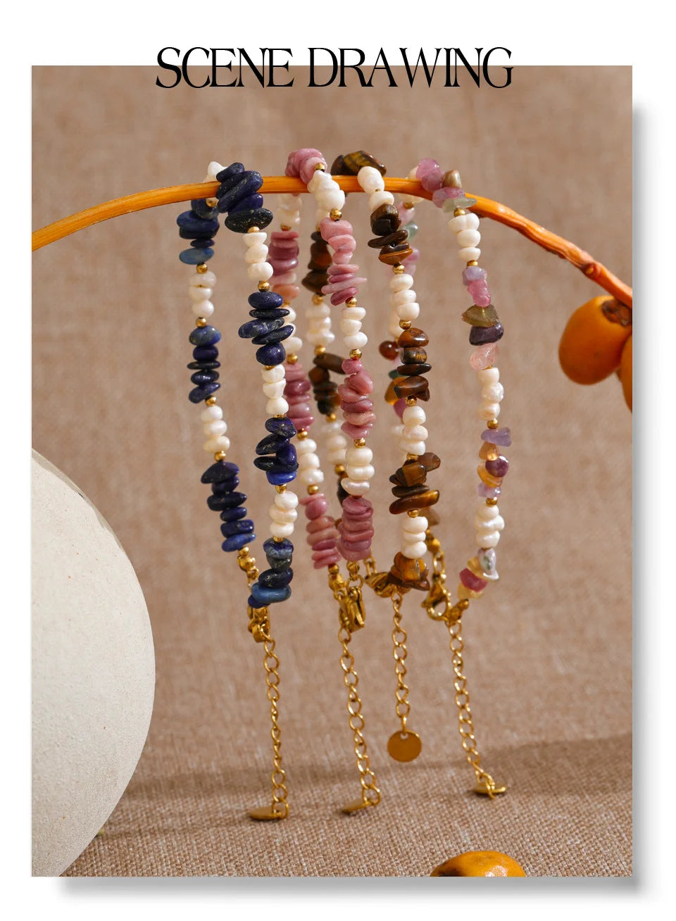 Freshwater pearl natural stone beaded necklace in gold-plated stainless steel with freshwater pearl and natural stone.