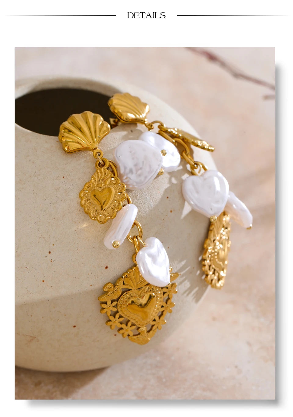 Pearl Heart Earrings — Gold-Plated Stainless Steel with Pearl · PS1587