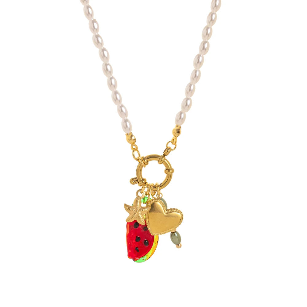 Stainless steel fruit heart boots ins high-end feeling collarbone chain pearl starfish gold-plated color preservation