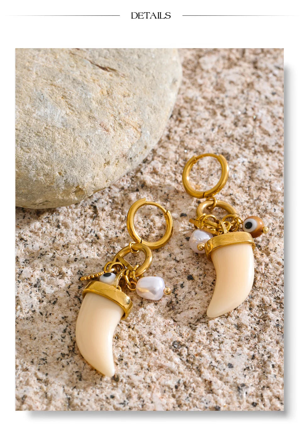 Pearl resin acrylic earrings in gold-plated stainless steel with pearl and resin.