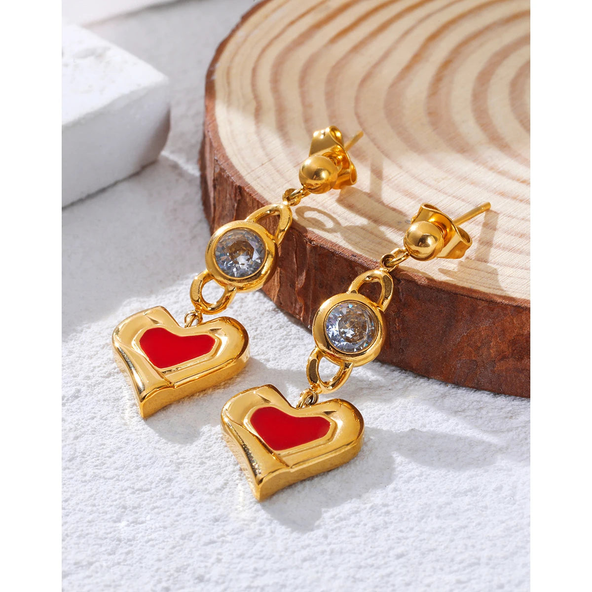 Drop Piercing Earrings Zircon Crystal Red Enamel — 316L Stainless Steel · PS425