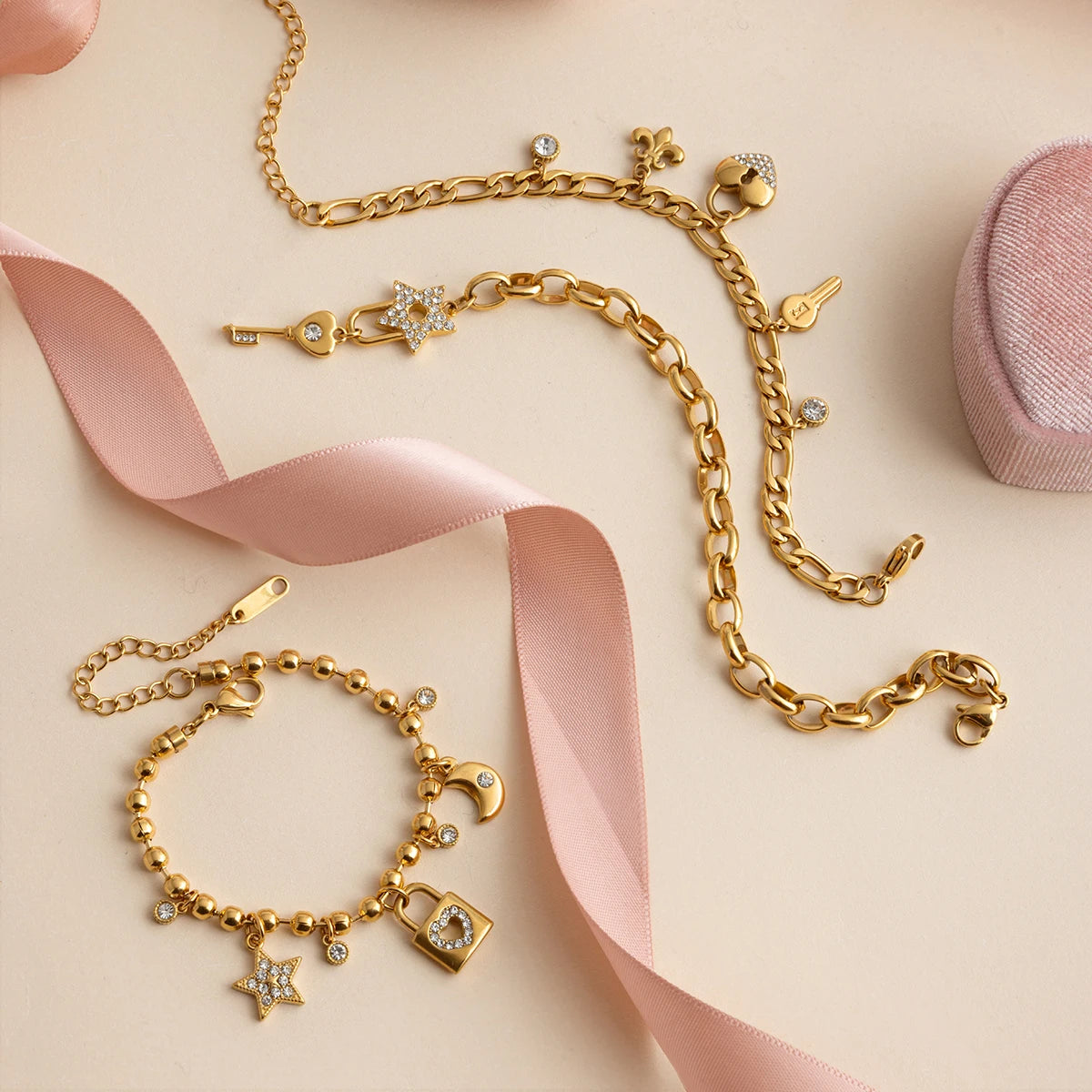 Star Lock Charm Bracelet Stack — Stainless Steel · PS045