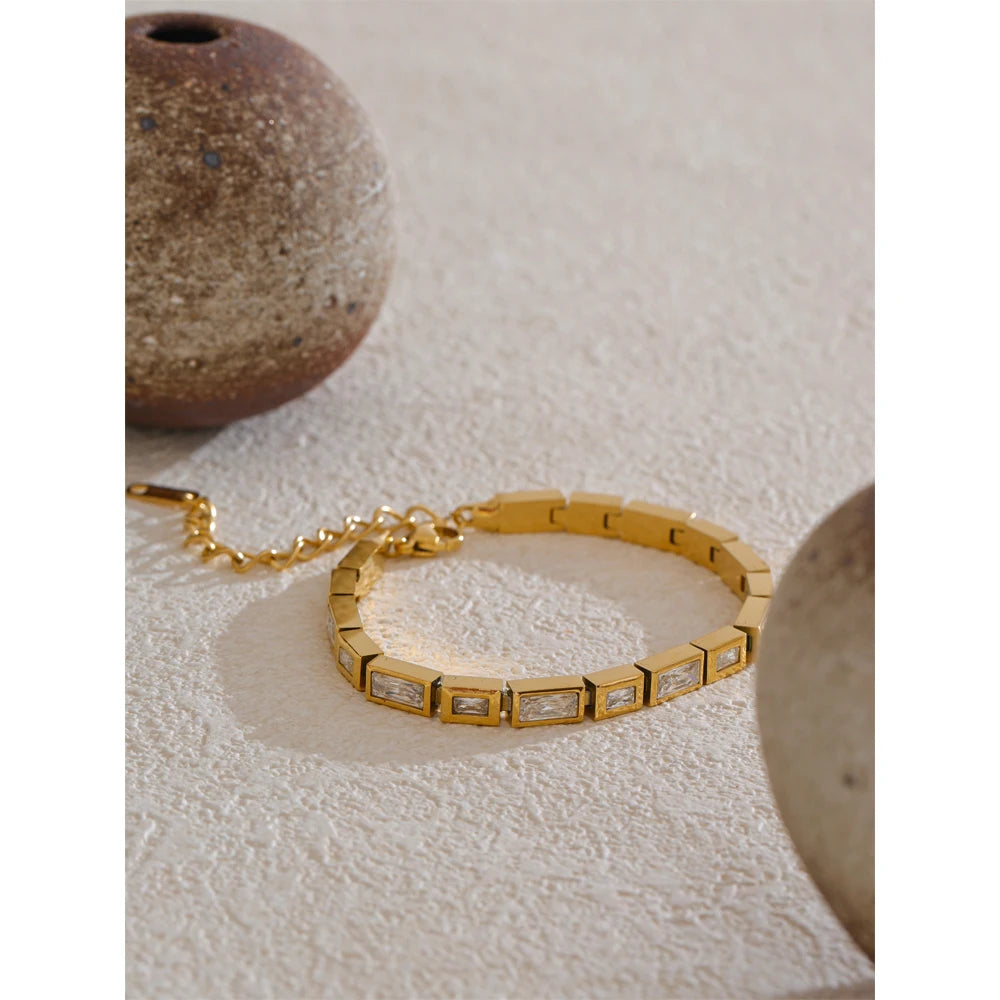 Cubic Zirconia Geometric Chain Bracelet — Gold-Plated Stainless Steel with Cubic Zirconia · PS1955