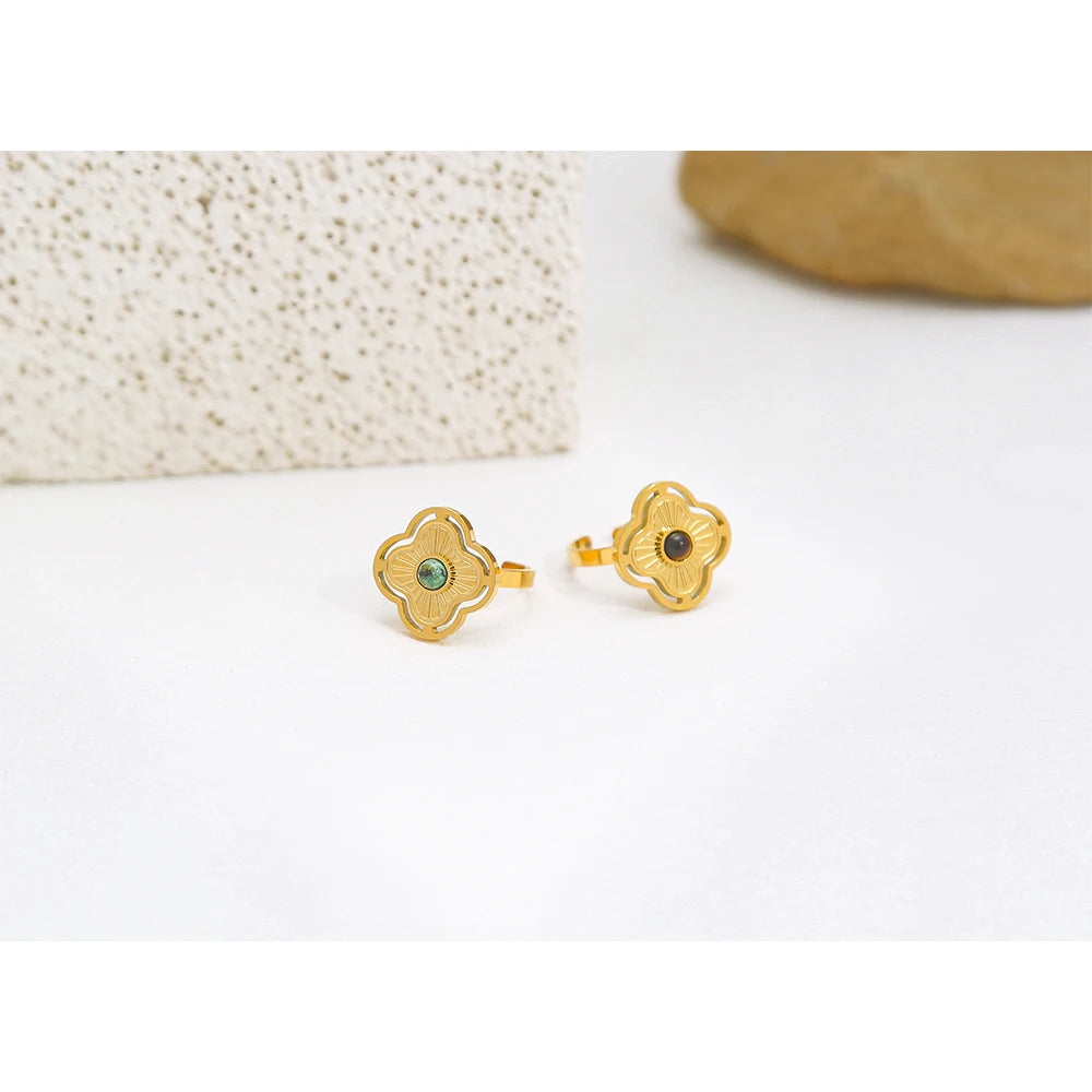Ring Natural Stone Inlaid In Metal Texture Flowers — 316L Stainless Steel · PS461