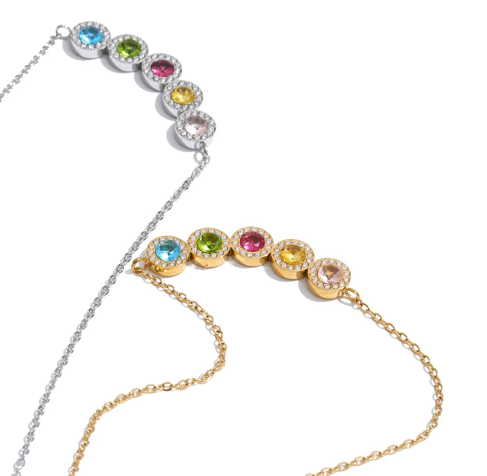 Cubic zirconia multi-color geometric necklace in gold-plated stainless steel with cubic zirconia.