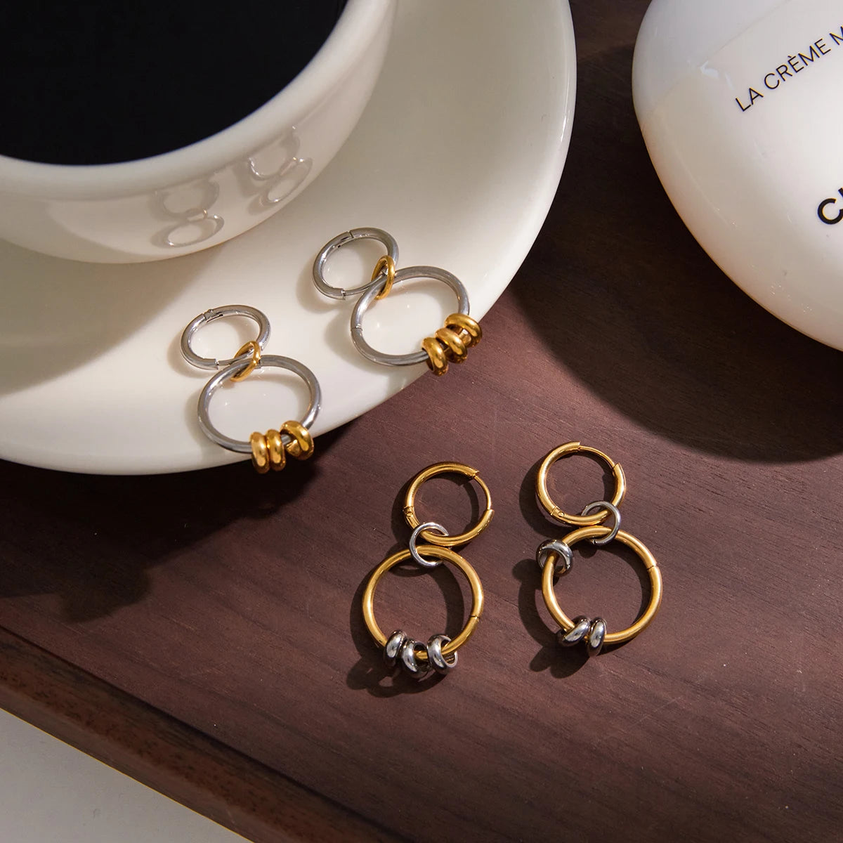 Two-Tone Ring Drop Earrings — Stainless Steel · PS107