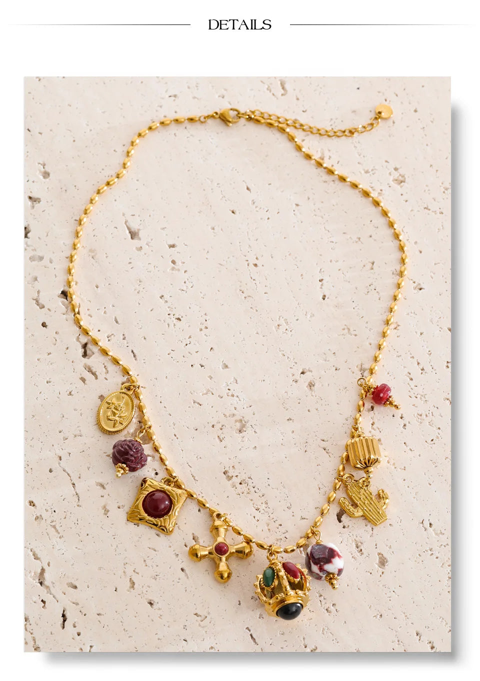 Resin acrylic cross necklace in gold-plated stainless steel with resin and acrylic.