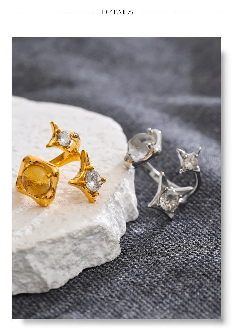 Cubic zirconia geometric ring in 18K gold-plated stainless steel with cubic zirconia.