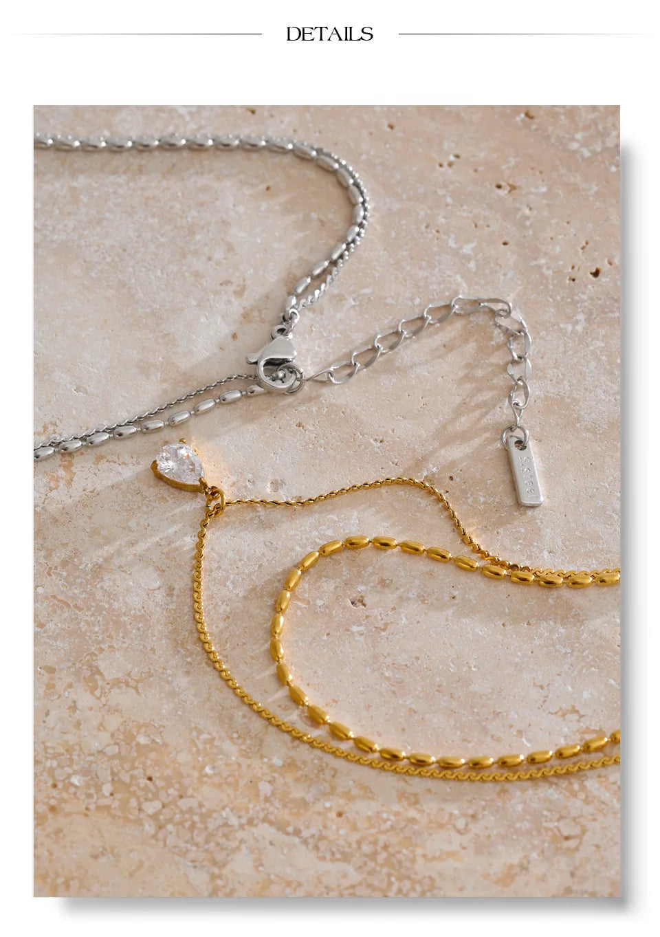 Cubic zirconia geometric layered necklace in gold-plated stainless steel with cubic zirconia.