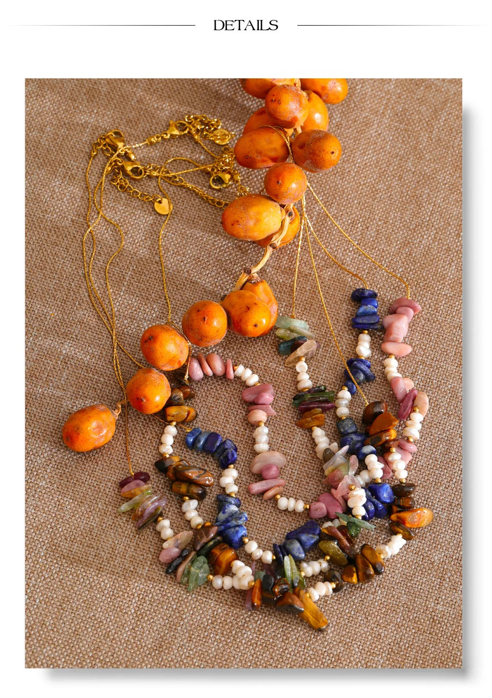 Pearl natural stone multi-color necklace in gold-plated stainless steel with pearl and natural stone.