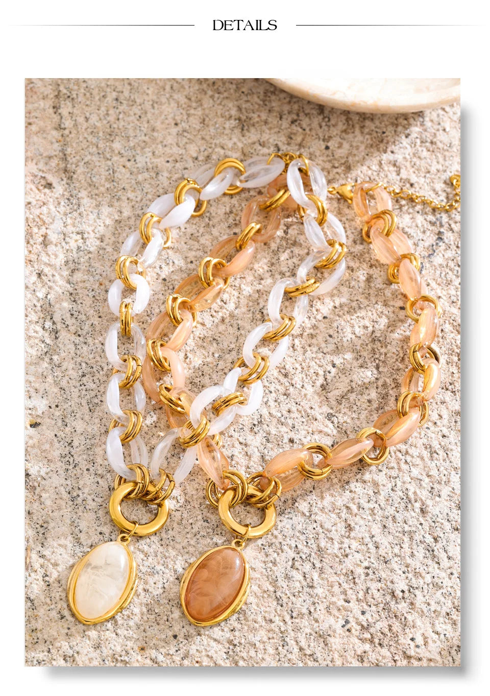 Resin acrylic geometric necklace in gold-plated stainless steel with resin and acrylic.