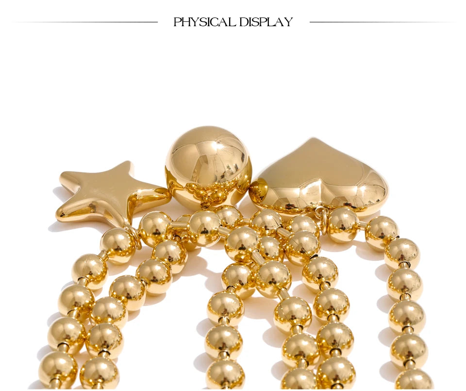 Heart star beaded necklace in gold-plated stainless steel.
