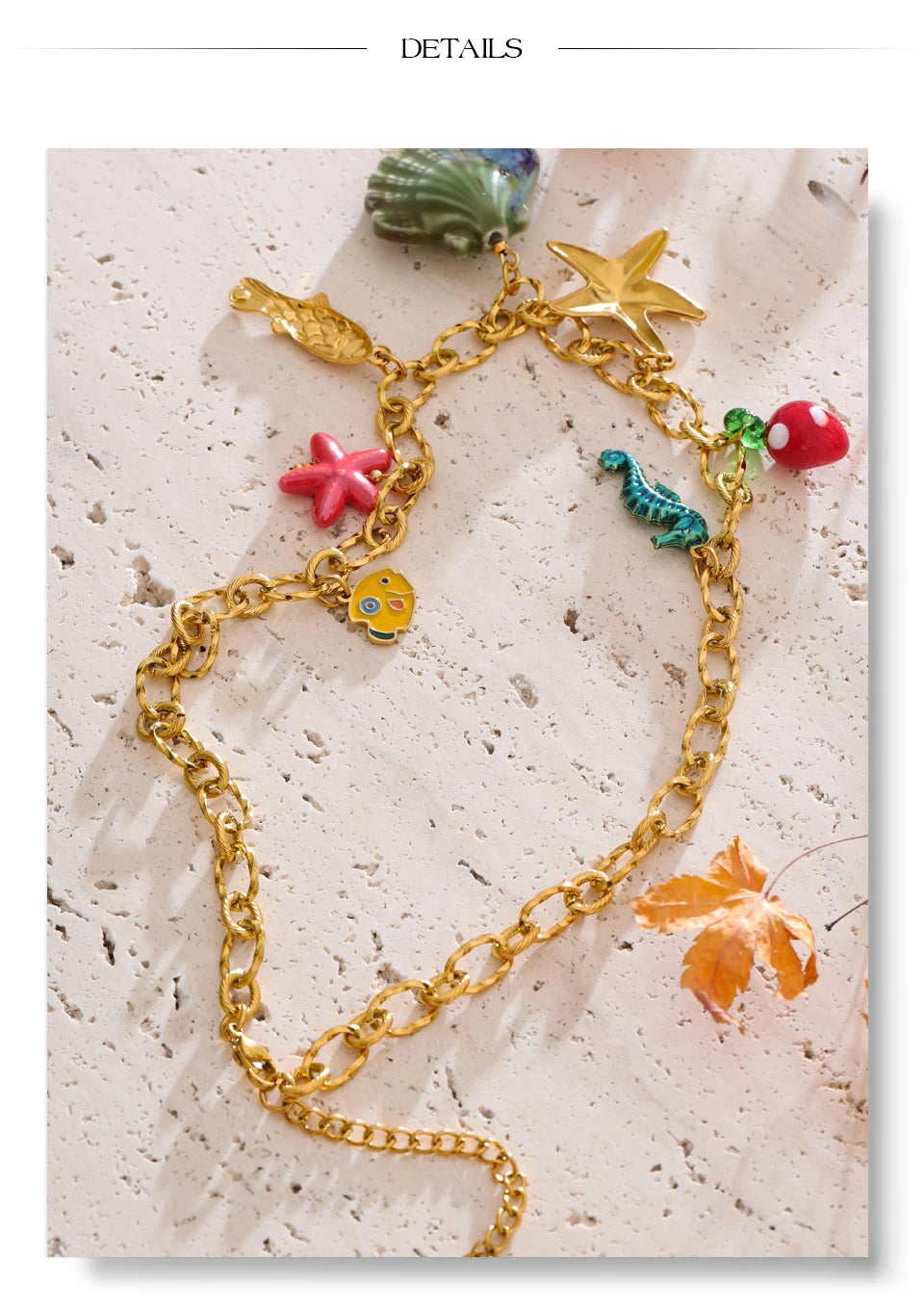 Shell enamel star necklace in gold-plated stainless steel with shell and enamel.