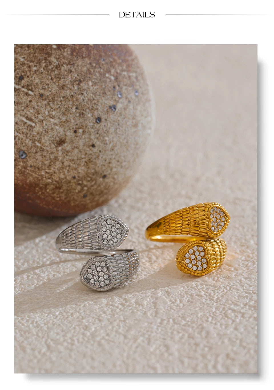 Cubic zirconia heart snake ring in gold-plated stainless steel with cubic zirconia.