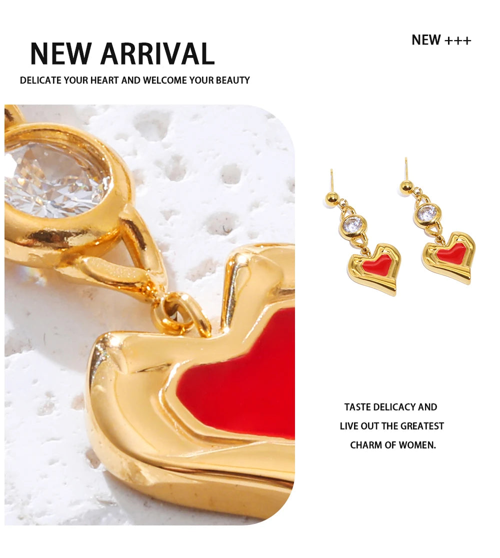 Drop Piercing Earrings Zircon Crystal Red Enamel — 316L Stainless Steel · PS425