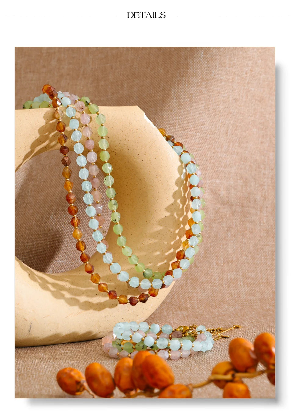 Natural stone beaded multi-color necklace in gold-plated stainless steel with natural stone.