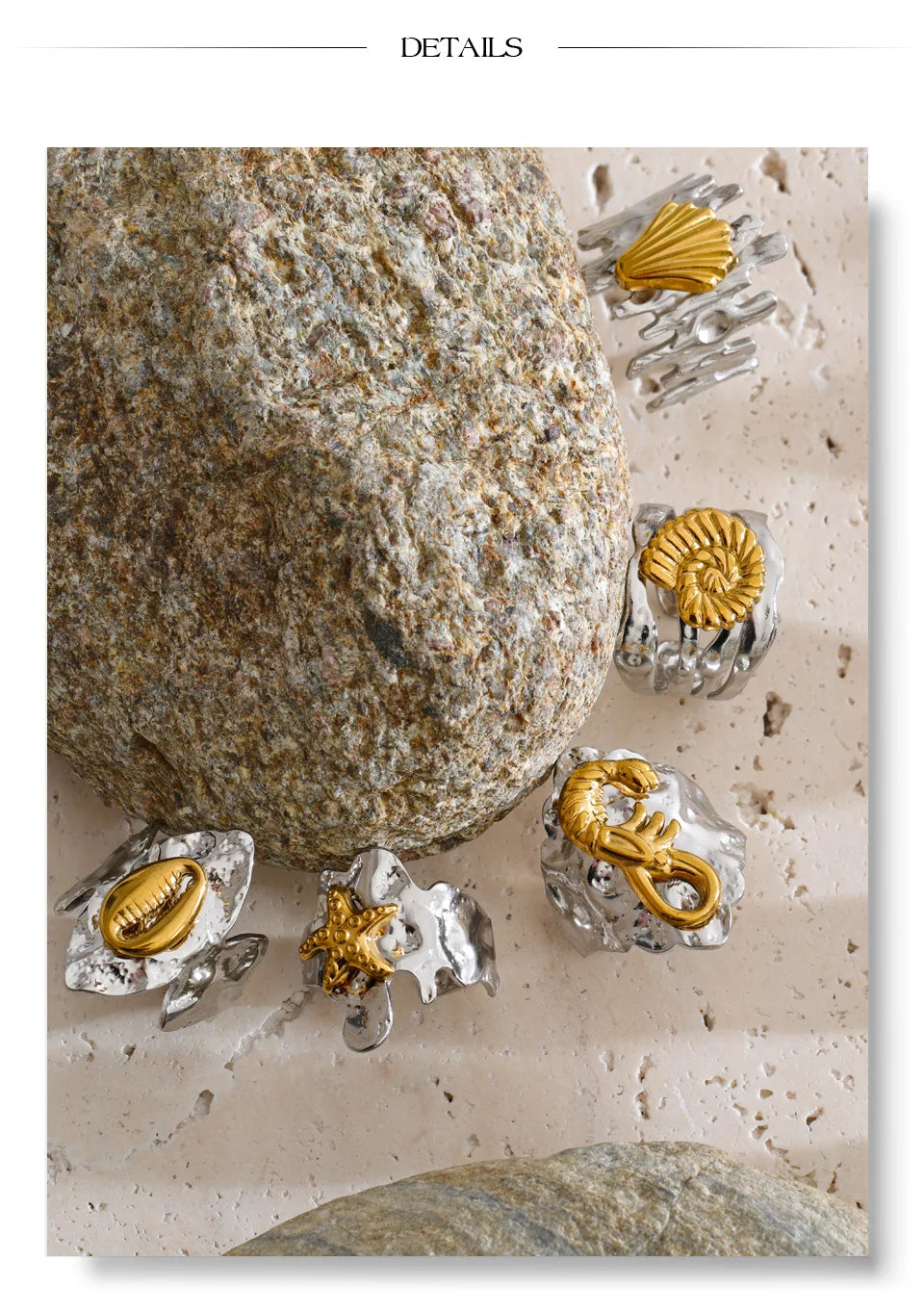Shell star geometric ring in 18K gold-plated stainless steel with shell.