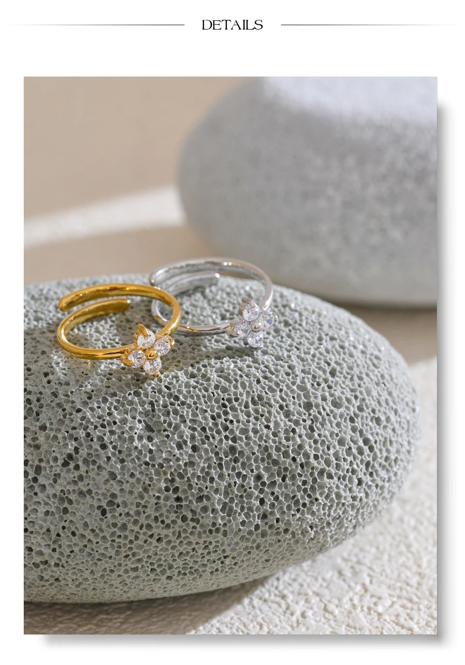 Cubic zirconia flower ring in gold-plated stainless steel with cubic zirconia.